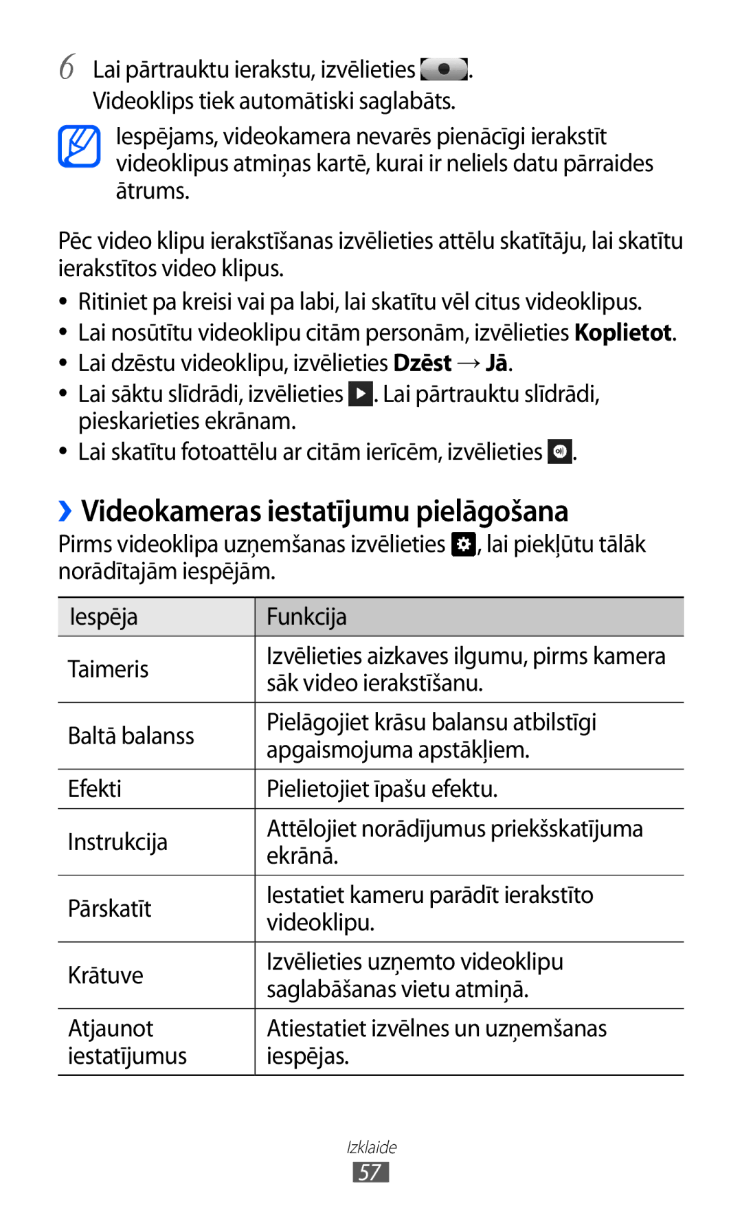 Samsung GT-S5380WRGSEB, GT-S5380WRASEB, GT-S5380SSASEB manual ››Videokameras iestatījumu pielāgošana, Sāk video ierakstīšanu 