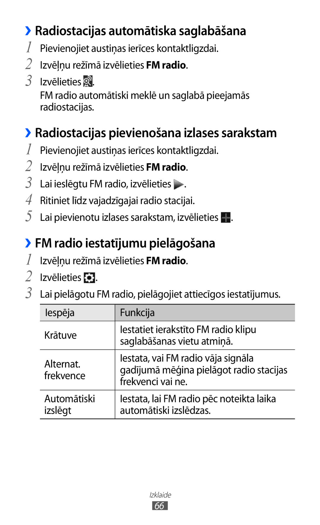 Samsung GT-S5380WRGSEB, GT-S5380WRASEB manual ››Radiostacijas automātiska saglabāšana, ››FM radio iestatījumu pielāgošana 