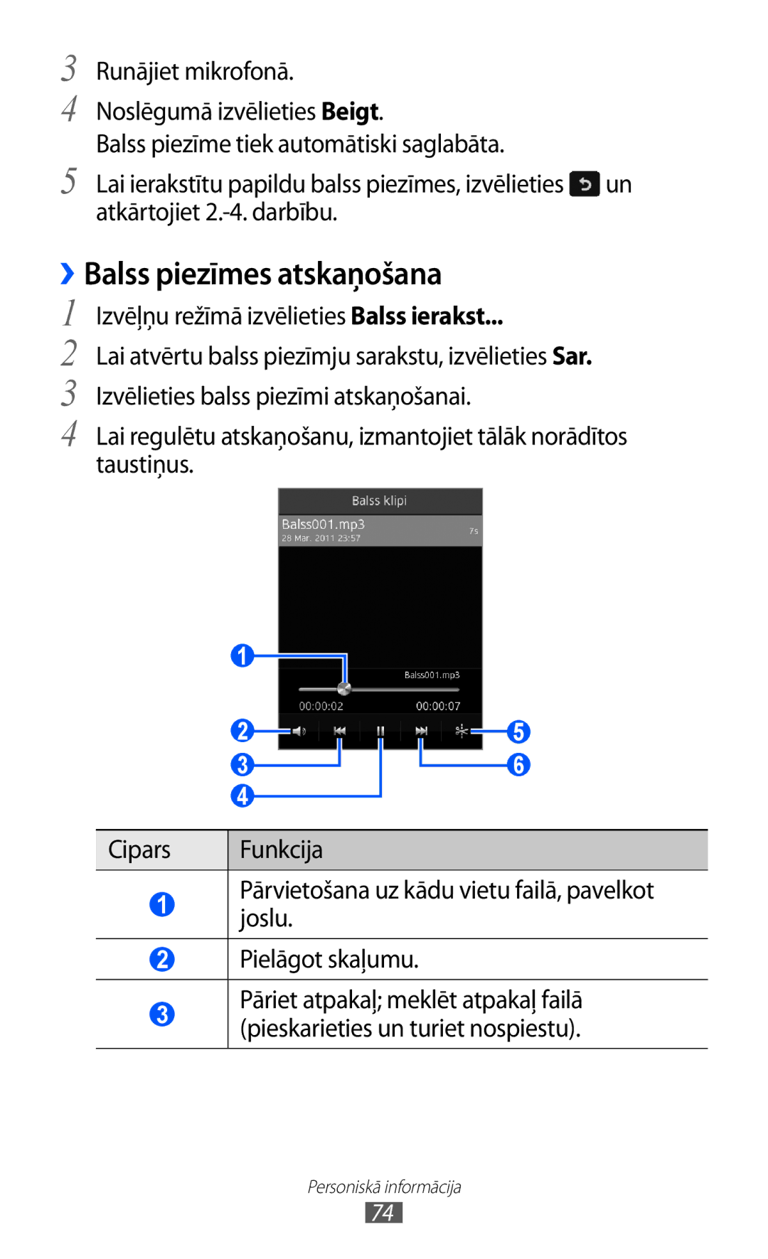 Samsung GT-S5380SSASEB, GT-S5380WRGSEB manual ››Balss piezīmes atskaņošana, Izvēļņu režīmā izvēlieties Balss ierakst 