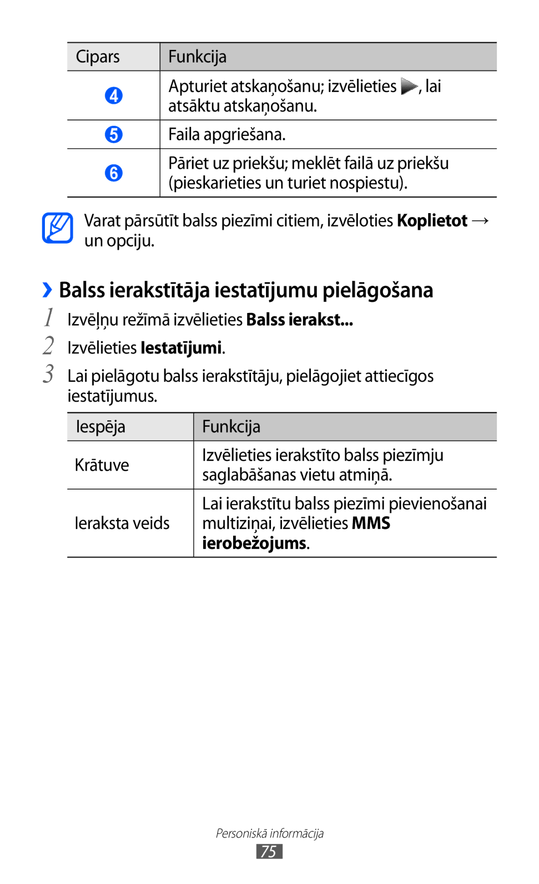 Samsung GT-S5380WRGSEB manual ››Balss ierakstītāja iestatījumu pielāgošana, Ieraksta veids Multiziņai, izvēlieties MMS 