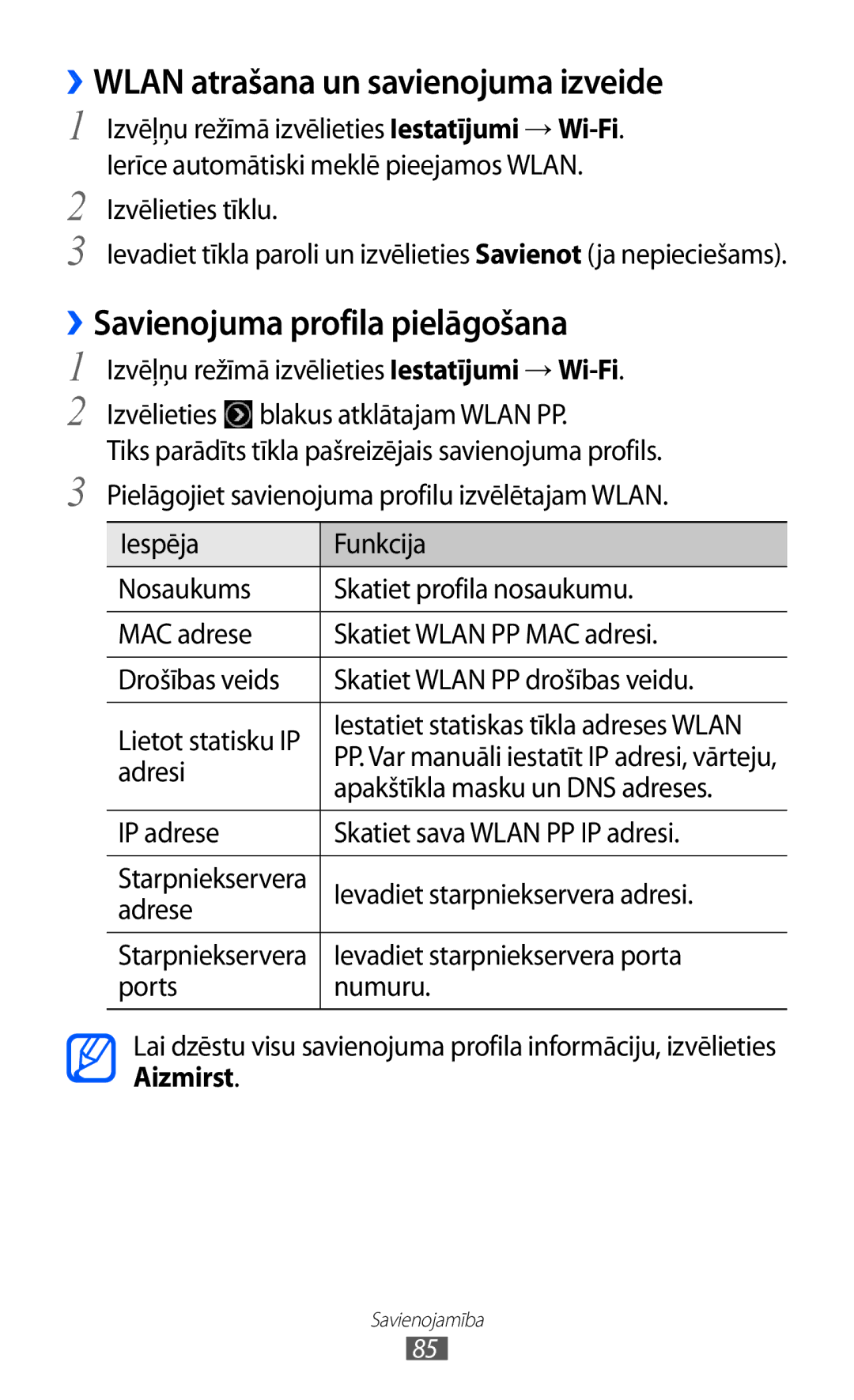 Samsung GT-S5380WRASEB, GT-S5380WRGSEB manual ››WLAN atrašana un savienojuma izveide, ››Savienojuma profila pielāgošana 