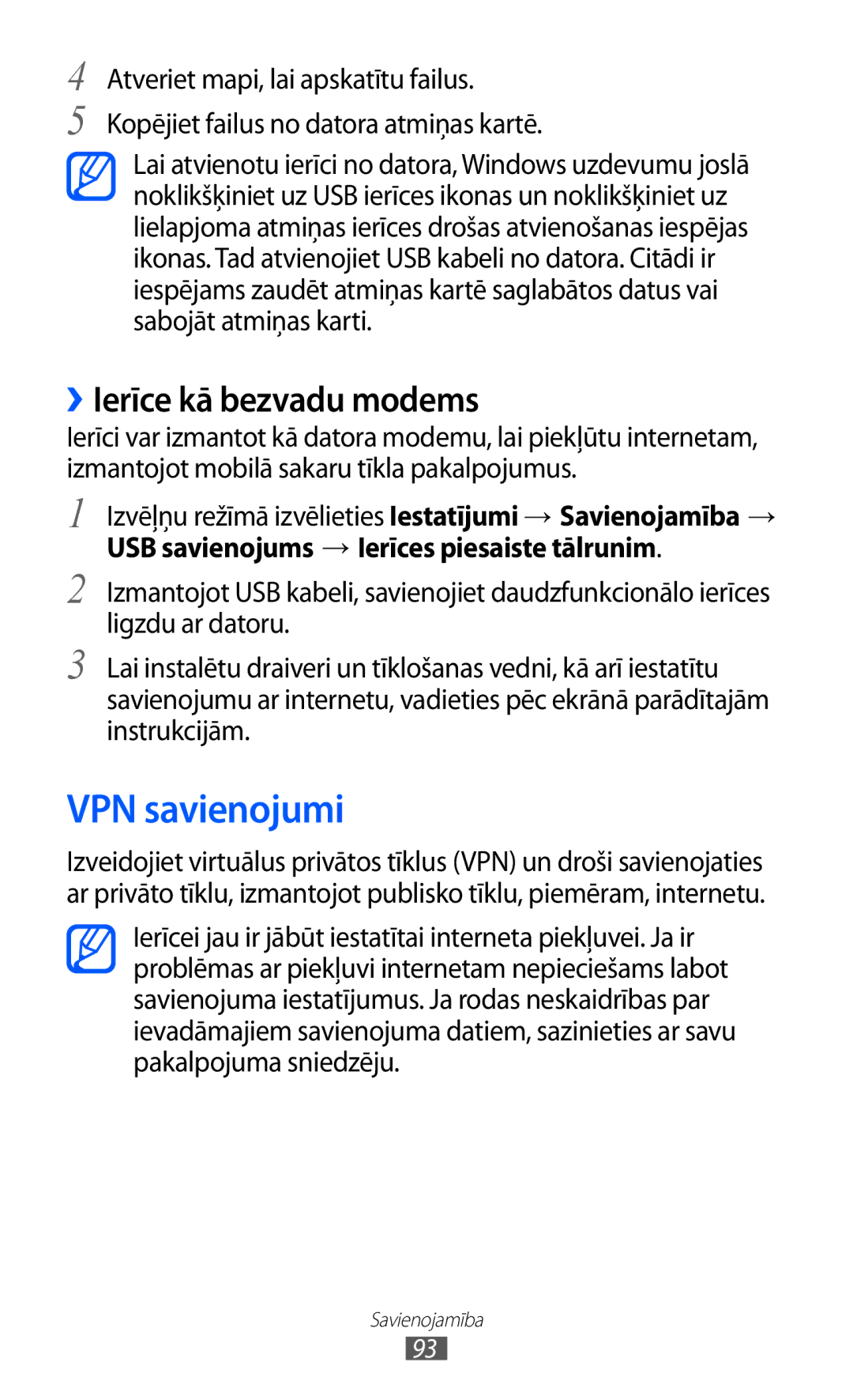 Samsung GT-S5380WRGSEB, GT-S5380WRASEB, GT-S5380SSASEB manual VPN savienojumi, ››Ierīce kā bezvadu modems 