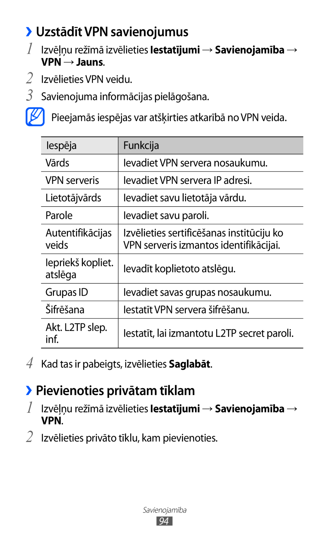 Samsung GT-S5380WRASEB, GT-S5380WRGSEB manual ››Uzstādīt VPN savienojumus, ››Pievienoties privātam tīklam, VPN → Jauns 