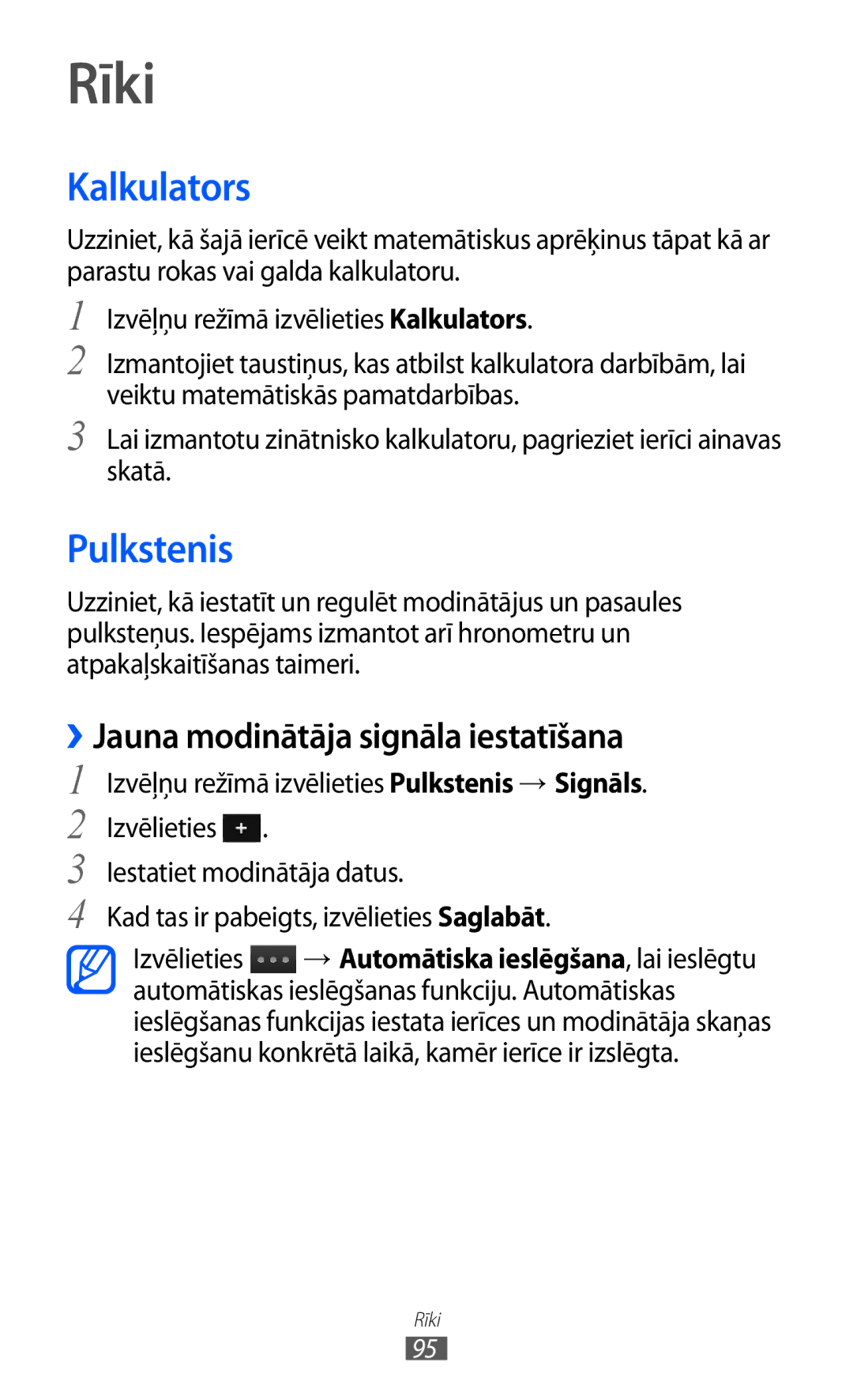 Samsung GT-S5380SSASEB, GT-S5380WRGSEB manual Rīki, Kalkulators, Pulkstenis, ››Jauna modinātāja signāla iestatīšana 