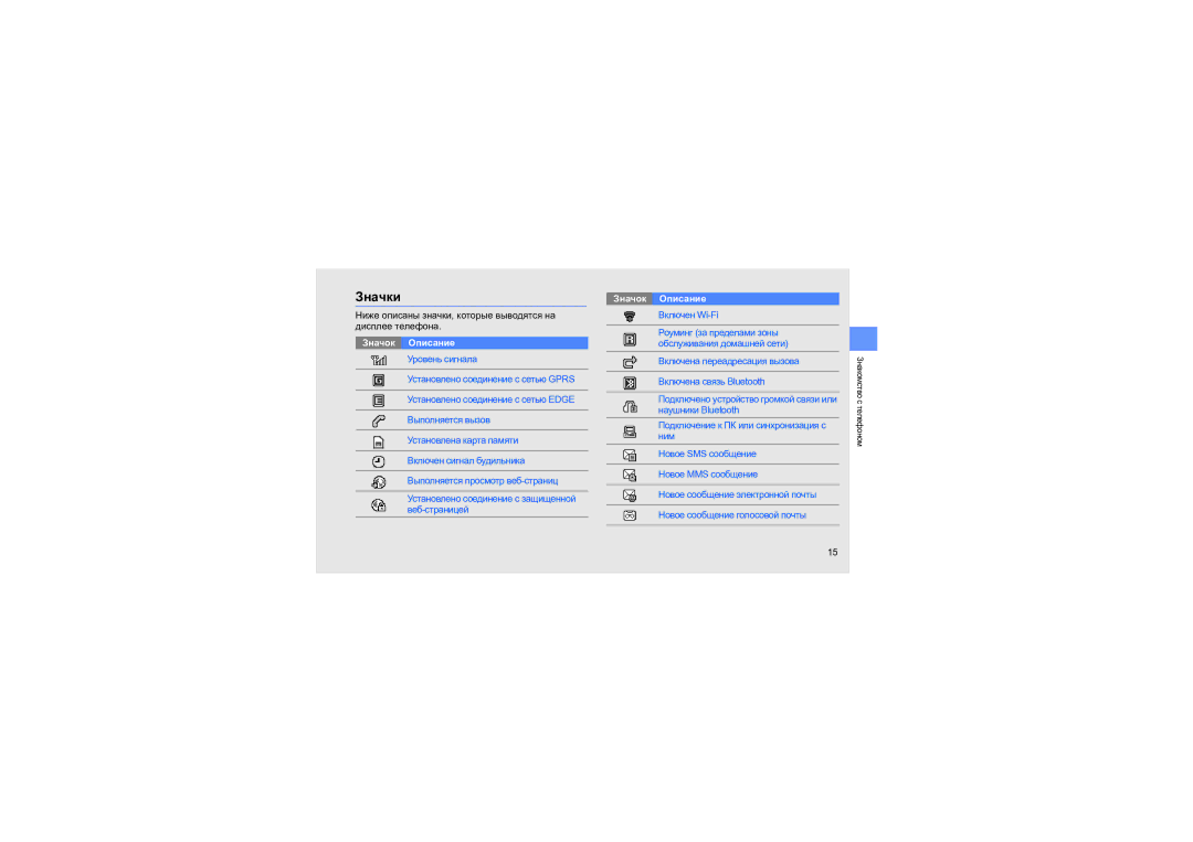 Samsung GT-S5560LKASER, GT-S5560CWASER, GT-S5560TIASER, GT-S5560BDASER manual Значки 