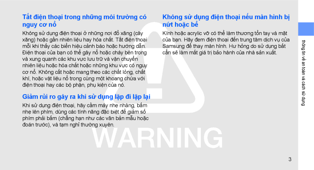Samsung GT-S5560LKAXEV Tắt điện thoại trong những môi trường có nguy cơ nổ, Giảm rủi ro gây ra khi sử dụng lặp đi lặp lại 