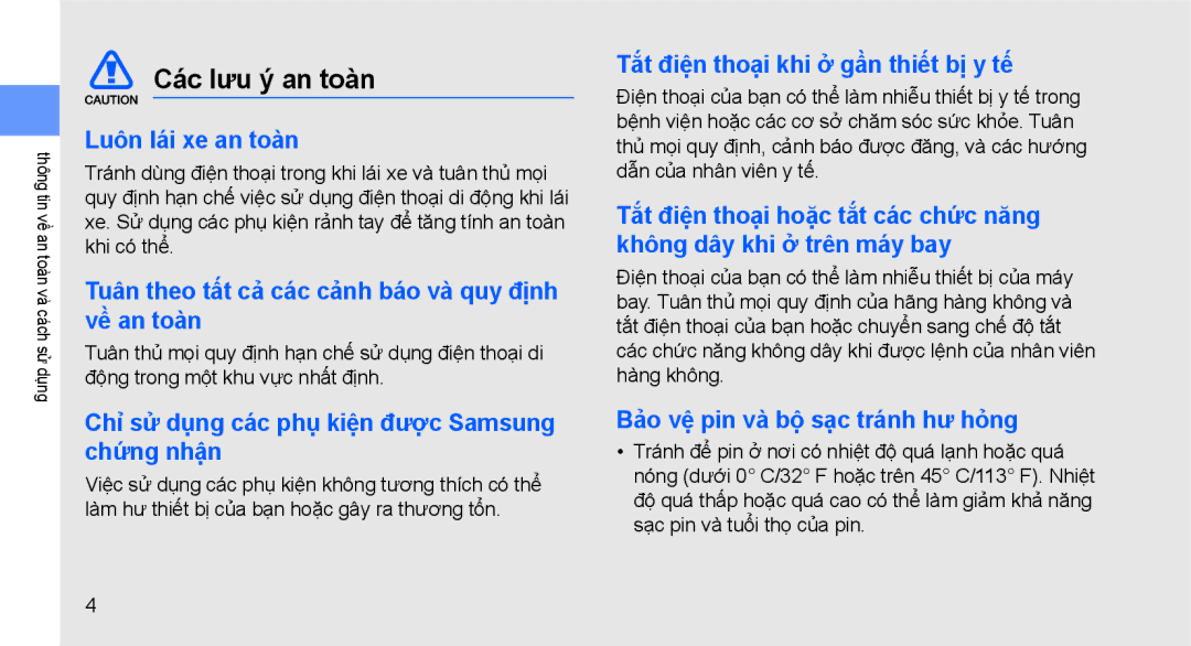 Samsung GT-S5560BDAXXV, GT-S5560CWAXXV, GT-S5560LKAXXV, GT-S5560CWAXEV, GT-S5560TIAXXV, GT-S5560LKAXEV manual Các lưu ý an toàn 