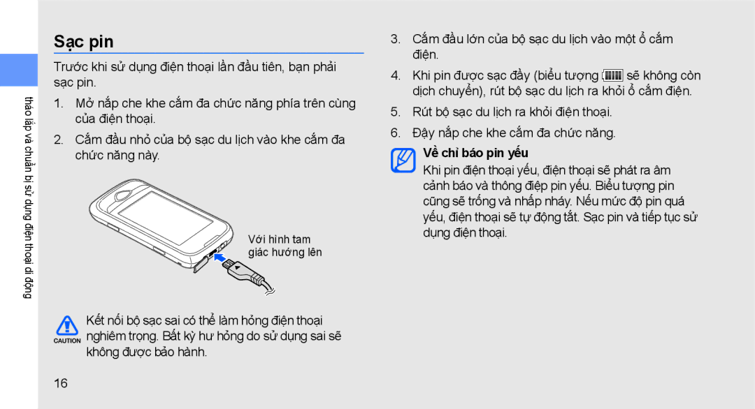 Samsung GT-S5560BDAXXV, GT-S5560CWAXXV, GT-S5560LKAXXV, GT-S5560CWAXEV, GT-S5560TIAXXV manual Sạc pin, Về chỉ báo pin yếu 