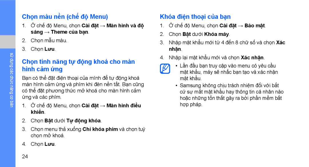 Samsung GT-S5560LKAXXV Chọn màu nền chế độ Menu, Chọn tính năng tự động khoá cho màn hình cảm ứng, Khóa điện thoại của bạn 