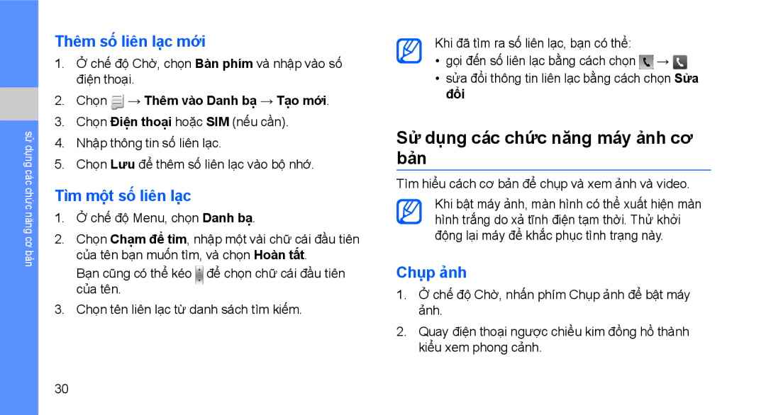 Samsung GT-S5560LKAXXV manual Sử dụng các chức năng máy ảnh cơ bản, Thêm số liên lạc mới, Tìm một số liên lạc, Chụp ảnh 