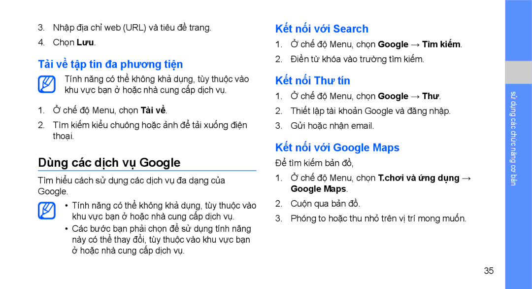 Samsung GT-S5560CWAXXV manual Dùng các dịch vụ Google, Tải về tập tin đa phương tiện, Kết nối với Search, Kết nối Thư tín 