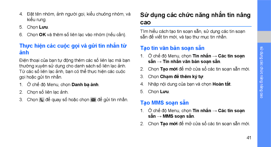 Samsung GT-S5560CWAXXV manual Sử dụng các chức năng nhắn tin nâng cao, Thực hiện các cuộc gọi và gửi tin nhắn từ ảnh 