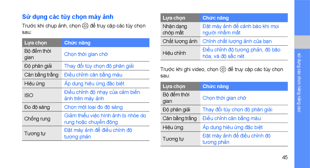 Samsung GT-S5560LKAXEV, GT-S5560CWAXXV, GT-S5560LKAXXV, GT-S5560CWAXEV, GT-S5560TIAXXV manual Sử dụng các tùy chọn máy ảnh 