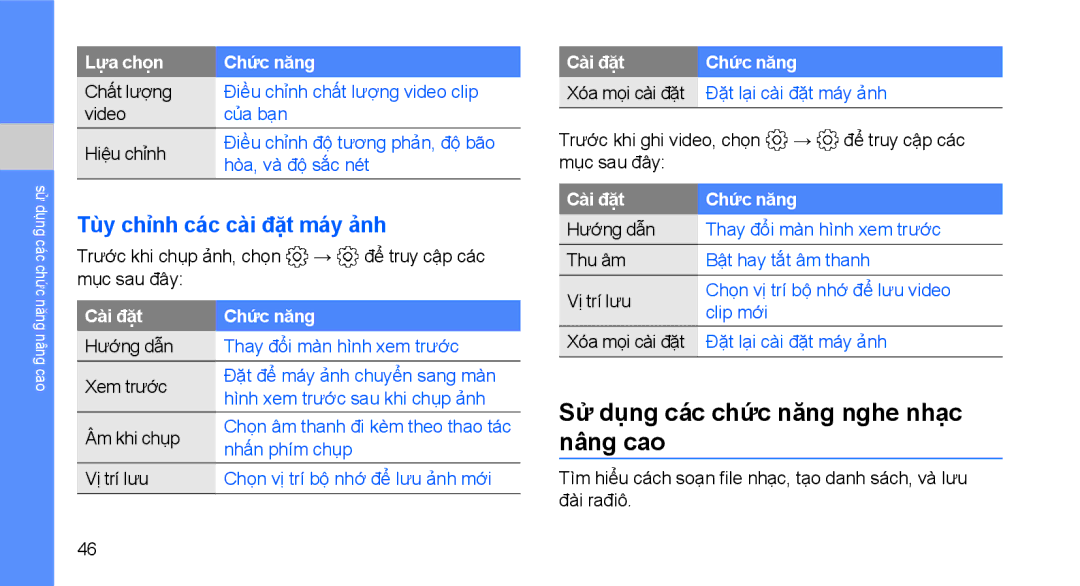 Samsung GT-S5560BDAXXV, GT-S5560CWAXXV manual Sử dụng các chức năng nghe nhạc nâng cao, Tùy chỉnh các cài đặt máy ảnh 