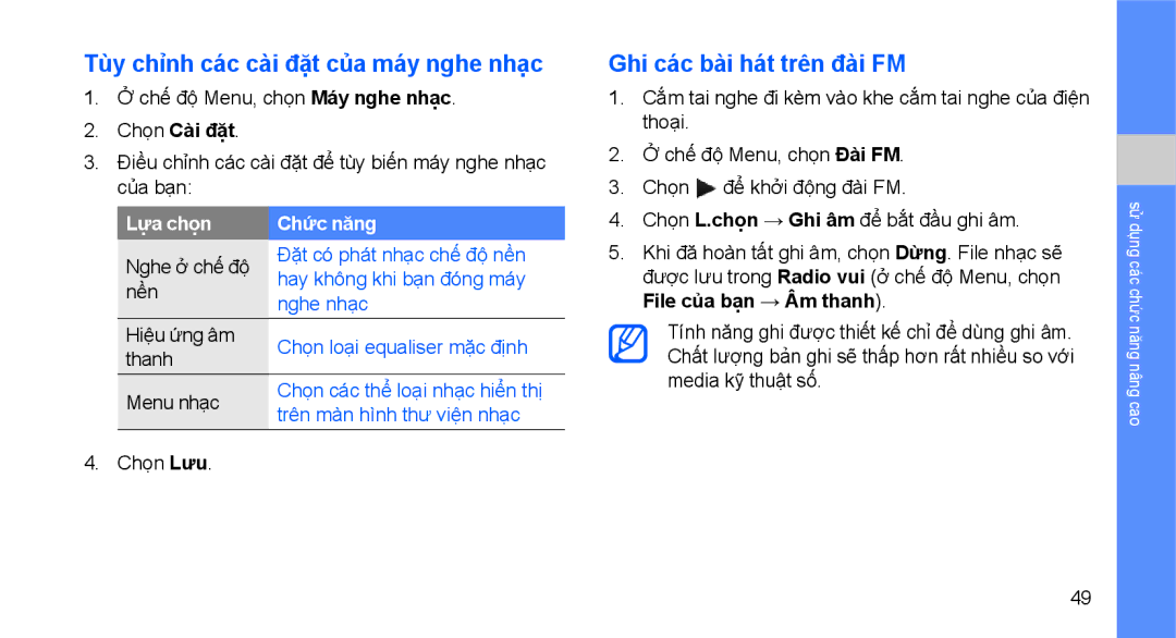 Samsung GT-S5560CWAXEV, GT-S5560CWAXXV Tùy chỉnh các cài đặt của máy nghe nhạc, Ghi các bài hát trên đài FM, Chọn Cài đặt 