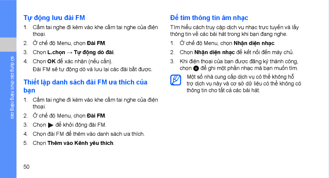 Samsung GT-S5560TIAXXV manual Tự động lưu đài FM, Thiết lập danh sách đài FM ưa thích của bạn, Để tìm thông tin âm nhạc 