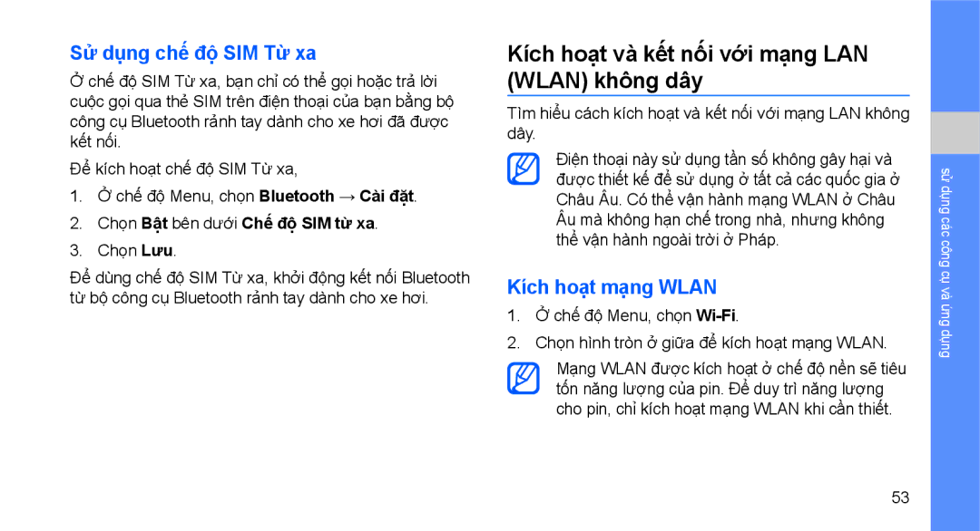 Samsung GT-S5560CWAXXV Kích hoạt và kết nối với mạng LAN Wlan không dây, Sử dụng chế độ SIM Từ xa, Kích hoạt mạng Wlan 