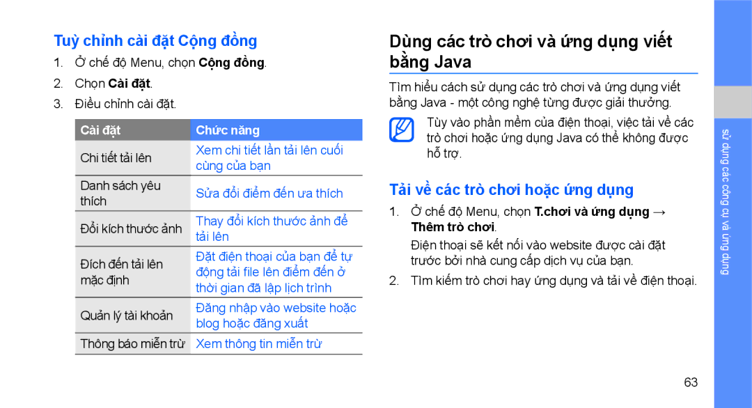 Samsung GT-S5560LKAXEV manual Dùng các trò chơi và ứng dụng viết bằng Java, Tuỳ chỉnh cài đặt Cộng đồng, Điều chỉnh cài đặt 
