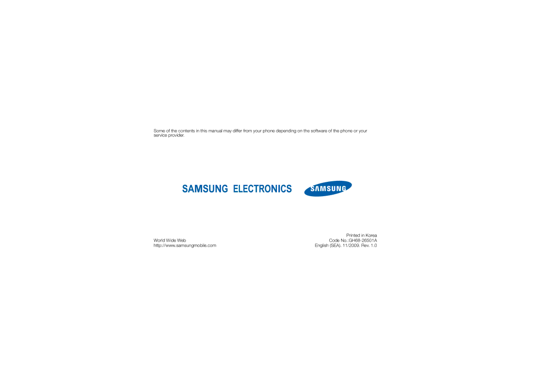 Samsung GT-S5560LKAXXV, GT-S5560CWAXXV, GT-S5560CWAXEV, GT-S5560TIAXXV, GT-S5560LKAXEV manual English SEA /2009. Rev 