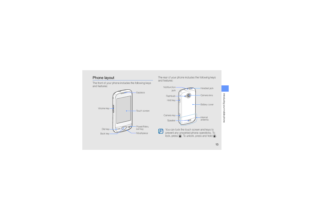 Samsung GT-S5560CWAXEV, GT-S5560CWAXXV manual Phone layout, Rear of your phone includes the following keys and features 