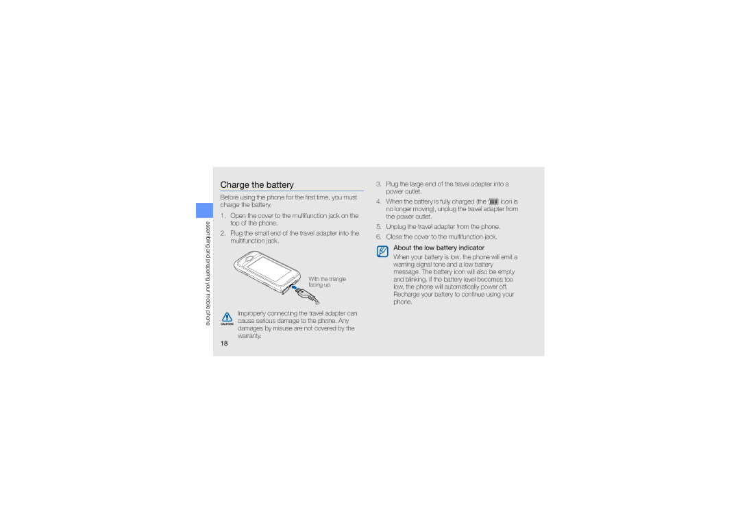 Samsung GT-S5560LKAXXV, GT-S5560CWAXXV, GT-S5560CWAXEV, GT-S5560TIAXXV, GT-S5560LKAXEV, GT-S5560BDAXXV manual Charge the battery 