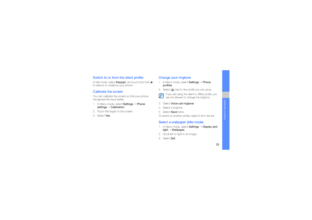 Samsung GT-S5560CWAXEV, GT-S5560CWAXXV Switch to or from the silent profile, Calibrate the screen, Change your ringtone 