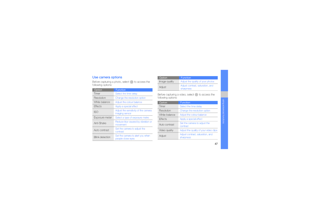 Samsung GT-S5560CWAXXV manual Use camera options, Before capturing a photo, select to access, Following options, Adjust 