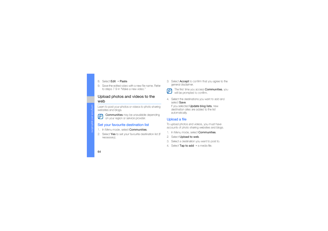 Samsung GT-S5560BDAXXV manual Upload photos and videos to the web, Set your favourite destination list, Upload a file 