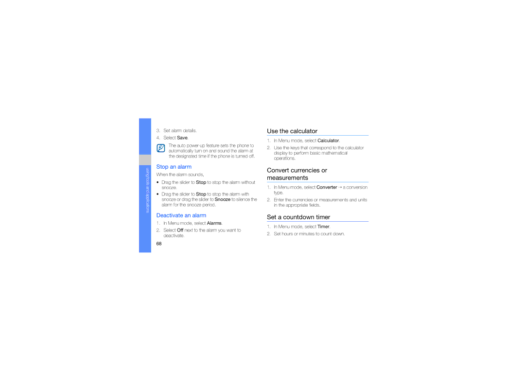 Samsung GT-S5560TIAXXV manual Use the calculator, Convert currencies or measurements, Set a countdown timer, Stop an alarm 