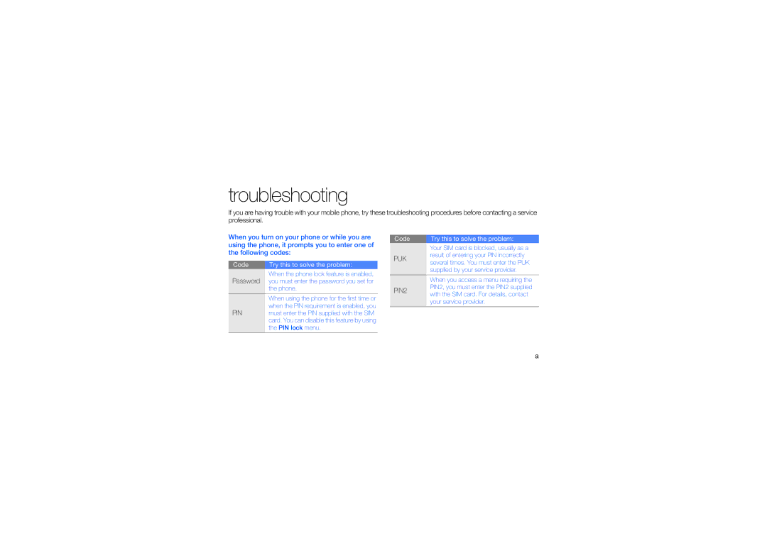 Samsung GT-S5560CWAXXV, GT-S5560LKAXXV, GT-S5560CWAXEV, GT-S5560TIAXXV, GT-S5560LKAXEV, GT-S5560BDAXXV manual Troubleshooting 