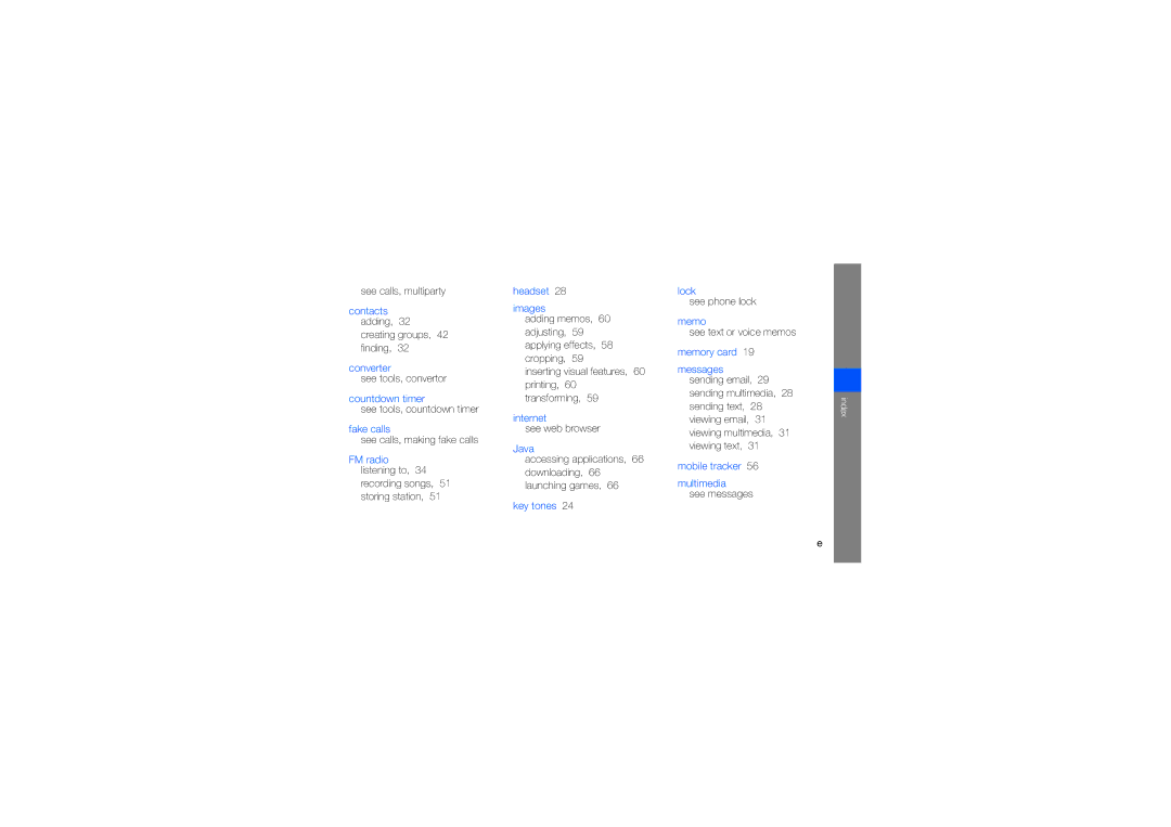 Samsung GT-S5560LKAXEV manual See calls, multiparty, Creating groups, 42 finding, See tools, convertor, See phone lock 