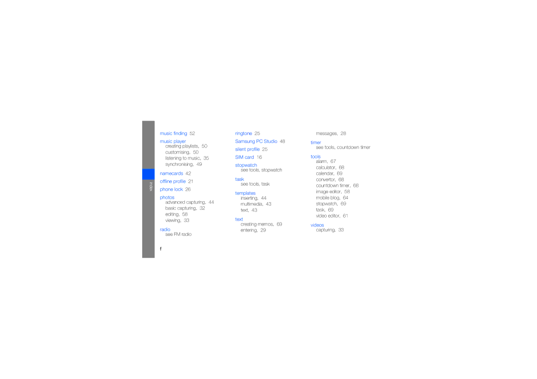 Samsung GT-S5560BDAXXV manual Customising, 50 listening to music, 35 synchronising, See FM radio, See tools, stopwatch 