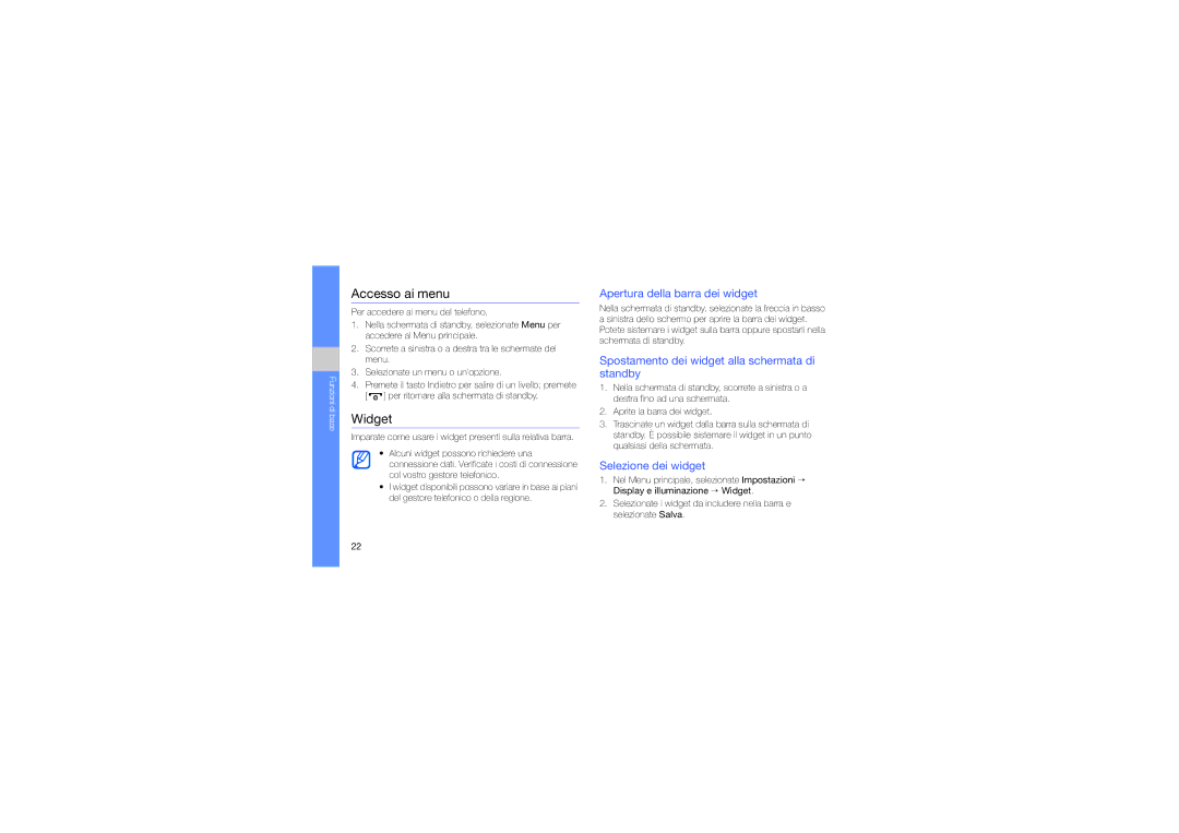 Samsung GT-S5560LKAIRD, GT-S5560LKACIT manual Accesso ai menu, Widget, Apertura della barra dei widget, Selezione dei widget 