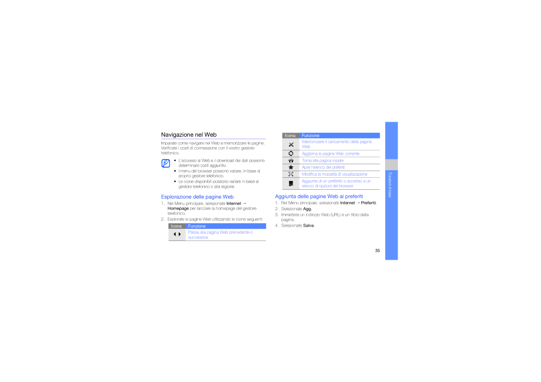 Samsung GT-S5560LKACIT manual Navigazione nel Web, Esplorazione delle pagine Web, Aggiunta delle pagine Web ai preferiti 