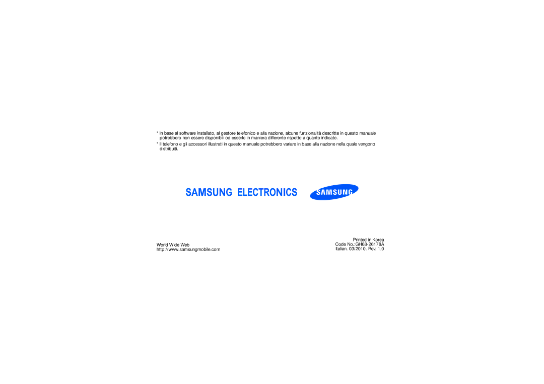 Samsung GT-S5560LKACIT, GT-S5560LKAIRD manual Code No.GH68-26178A 