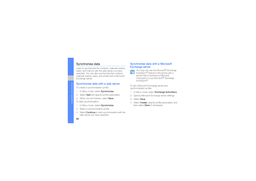 Samsung GT-S5560LKAIRD manual Synchronise data with a web server, Synchronise data with a Microsoft Exchange server 