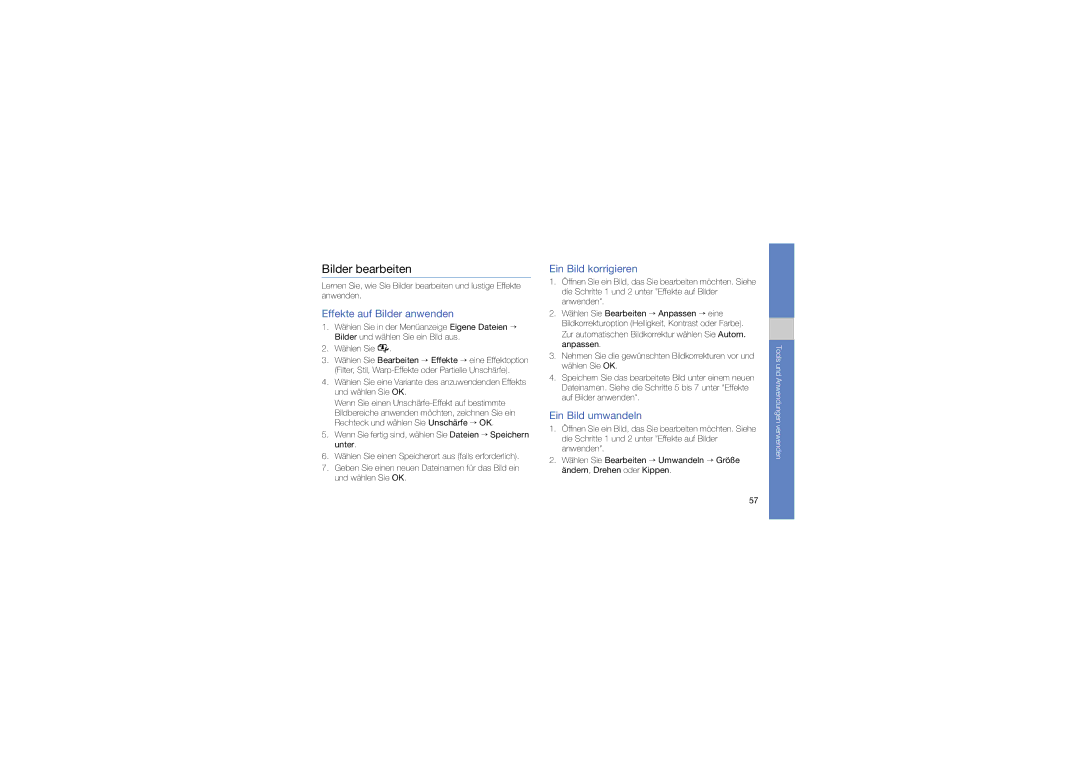 Samsung GT-S5560CWADBT manual Bilder bearbeiten, Effekte auf Bilder anwenden, Ein Bild korrigieren, Ein Bild umwandeln 