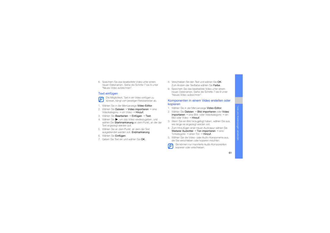 Samsung GT-S5560CWADBT, GT-S5560LKAOPT, GT-S5560LKADBT Text einfügen, Komponenten in einem Video erstellen oder kopieren 