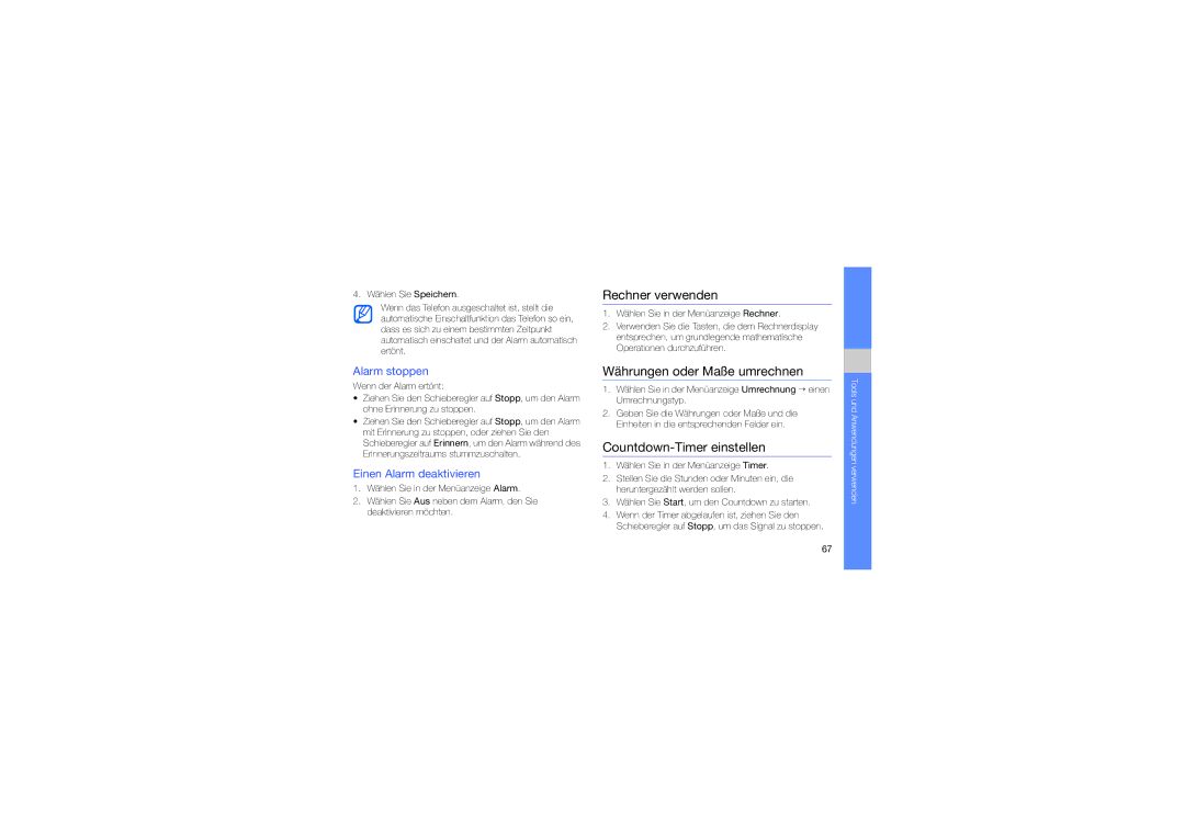 Samsung GT-S5560LKADBT manual Rechner verwenden, Währungen oder Maße umrechnen, Countdown-Timer einstellen, Alarm stoppen 