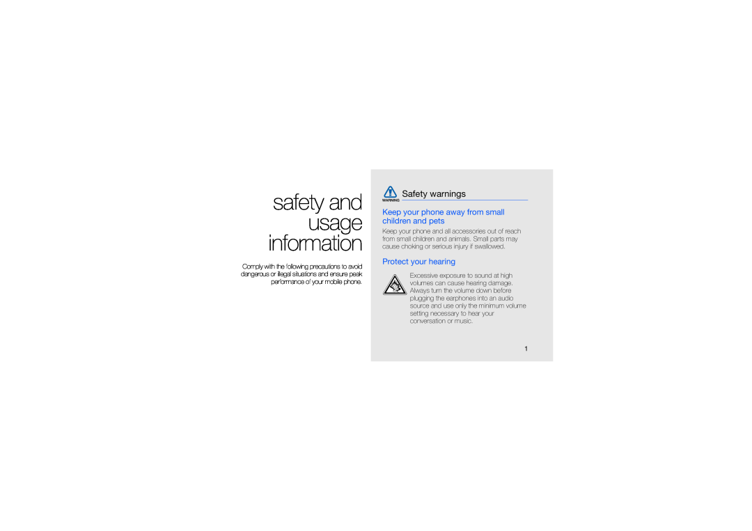 Samsung GT-S5560LKASFR safety and usage information, Safety warnings, Keep your phone away from small children and pets 