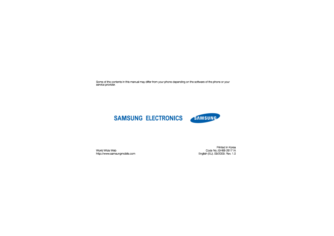 Samsung GT-S5560LKASER, GT-S5560LKAOPT World Wide Web, Printed in Korea, Code No.GH68-26171A, English EU. 09/2009. Rev 