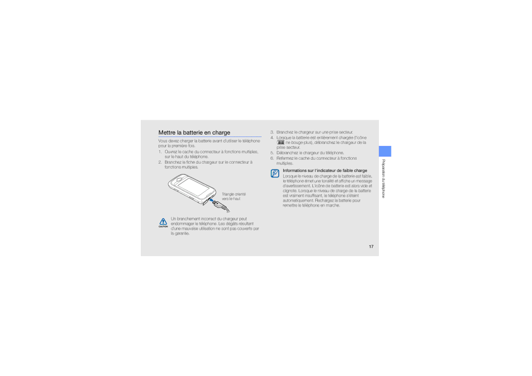 Samsung GT-S5560LKASFR, GT-S5560LKAXEF, GT-S5560CWABOG, GT-S5560CWAXEF, GT-S5560BDAXEF manual Mettre la batterie en charge 