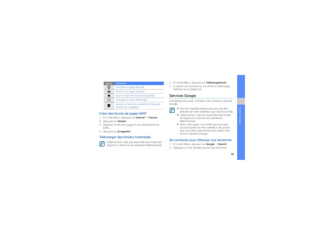 Samsung GT-S5560LVKBOG manual Services Google, Créer des favoris de pages WAP, Télécharger des fichiers multimédia 