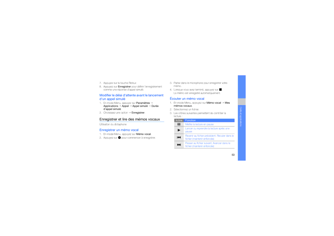 Samsung GT-S5560LVKBOG manual Enregistrer et lire des mémos vocaux, Enregistrer un mémo vocal, Écouter un mémo vocal 