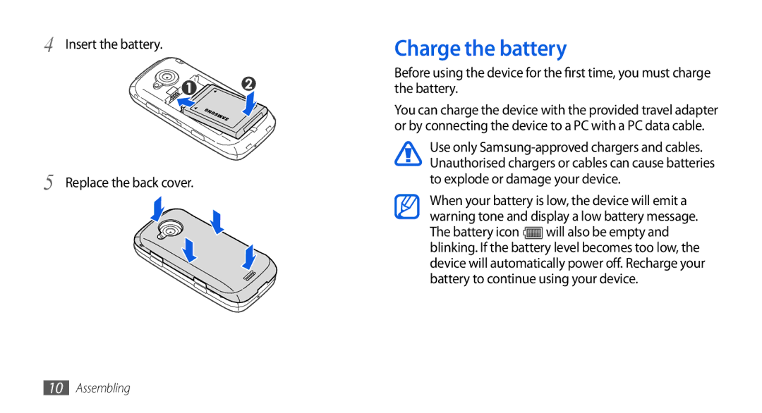 Samsung GT-S5560TIIXEF, GT-S5560LKIDBT, GT-S5560CWIDBT manual Charge the battery, Insert the battery Replace the back cover 