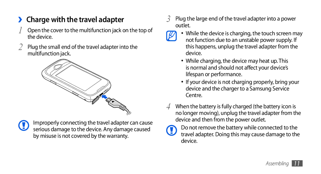 Samsung GT-S5560TIIXEZ, GT-S5560LKIDBT manual ›› Charge with the travel adapter, Device, Multifunction jack, Outlet 