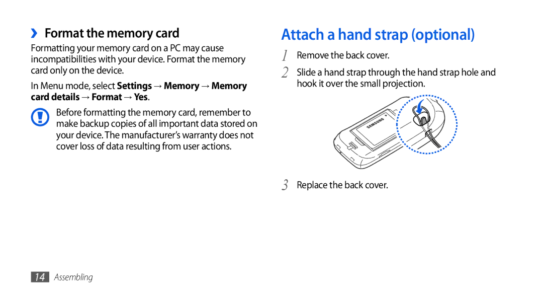 Samsung GT-S5560BDIXSK manual Attach a hand strap optional, ›› Format the memory card, Hook it over the small projection 