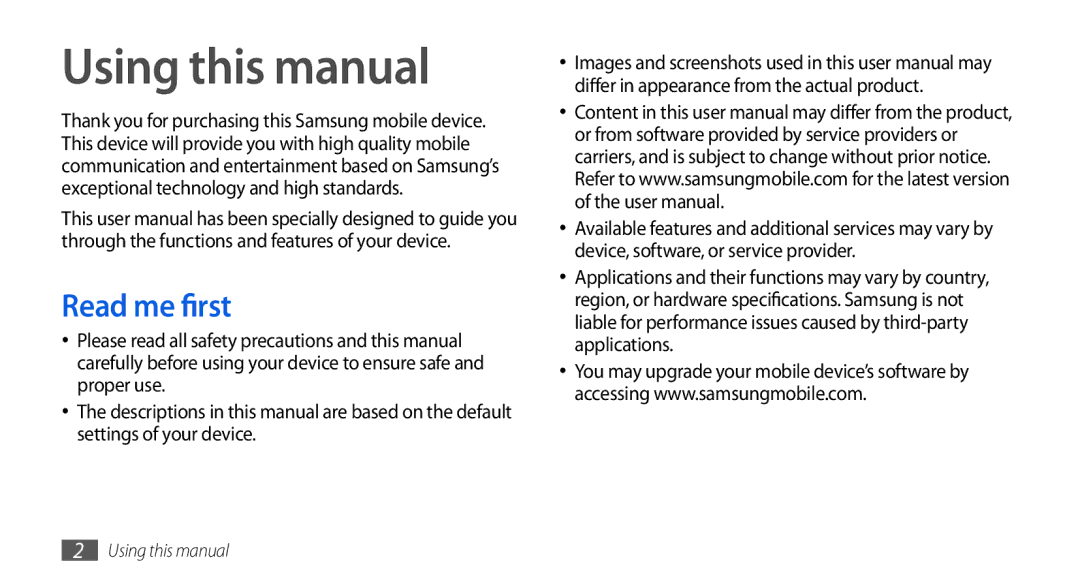 Samsung GT-S5560LKIXEF, GT-S5560LKIDBT, GT-S5560CWIDBT, GT-S5560BDIXEF, GT-S5560CWIXEF Using this manual, Read me first 