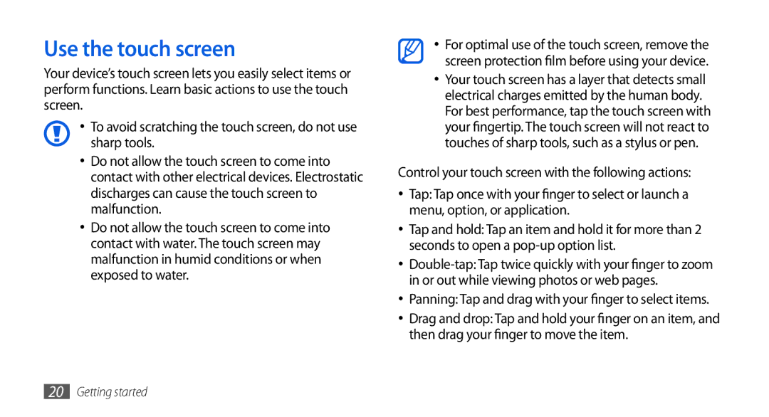 Samsung GT-S5560CWISER, GT-S5560LKIDBT, GT-S5560CWIDBT, GT-S5560LKIXEF, GT-S5560BDIXEF, GT-S5560CWIXEF Use the touch screen 