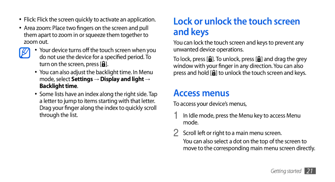 Samsung GT-S5560TIISER manual Lock or unlock the touch screen and keys, Access menus, To access your device’s menus, Mode 